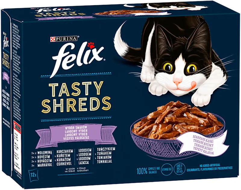 Felix Tasty Shreds vegyes válogatás - Marha, csirke, lazac és tonhal tépett falatok szószban macskáknak - Multipack