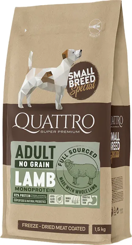 Quattro Small Adult No Grain Lamb Freeze Dried nyershús bevonatú tápszemcsékkel