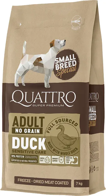 Quattro Small Adult No Grain Duck Freeze Dried nyershús bevonatú tápszemcsékkel