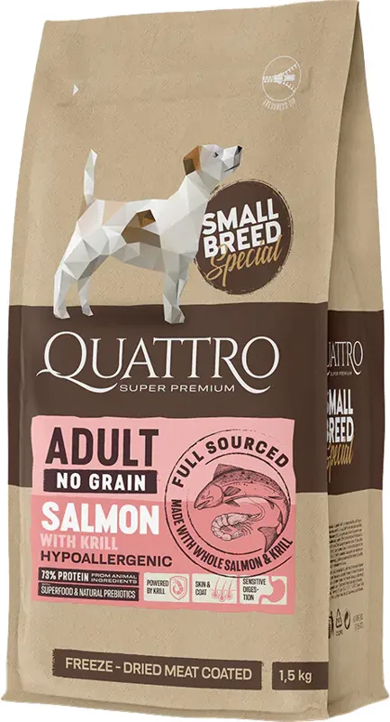 Quattro Small Adult No Grain Salmon Freeze Dried nyershús bevonatú tápszemcsékkel