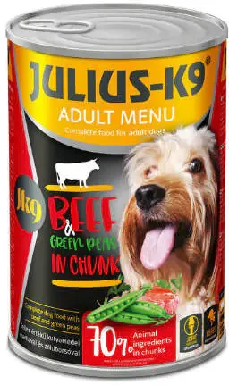 Julius-K9 Beef & Green Peas - Szaftos marhahús darabok zöldborsóval - Konzerv kutyáknak