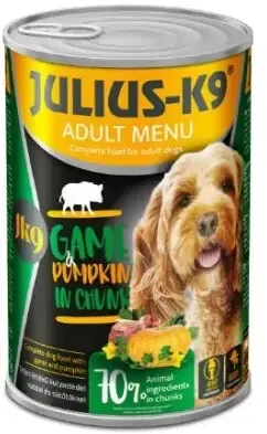 Julius-K9 Game & Pumpkin - Szaftos vadhús darabok sütőtökkel - Konzerv kutyáknak
