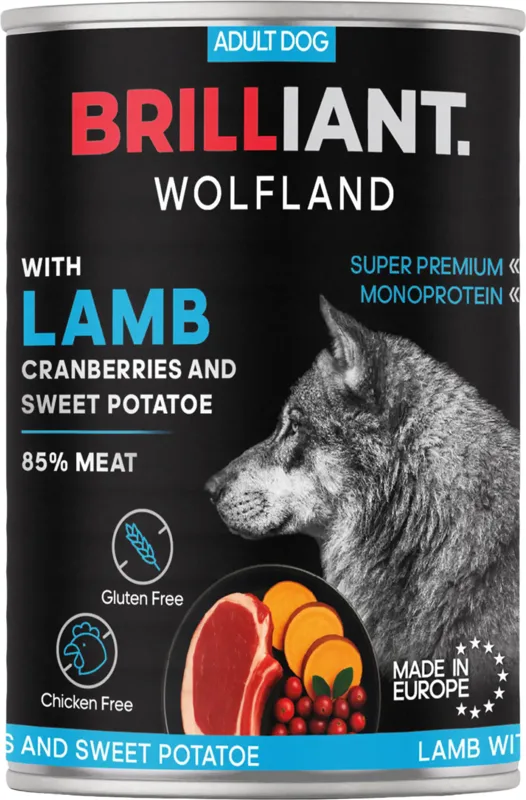 Brilliant Wolfland Monoprotein bárány & vörösáfonya‑édesburgonya nedves kutyaeledel