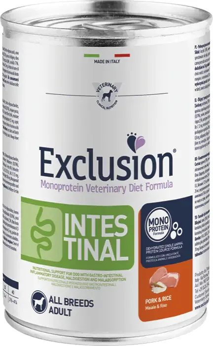 Exclusion Dog Monoprotein Vet Diet Intestinal Pork & Rice All Breeds konzerv