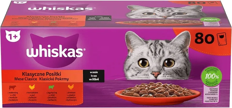 Whiskas klasszikus tasakos macskaeledel válogatás, szószos, 4 ízben