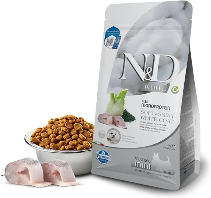 N&D White Dog Adult Mini tengeri sügér, spirulina & édeskömény